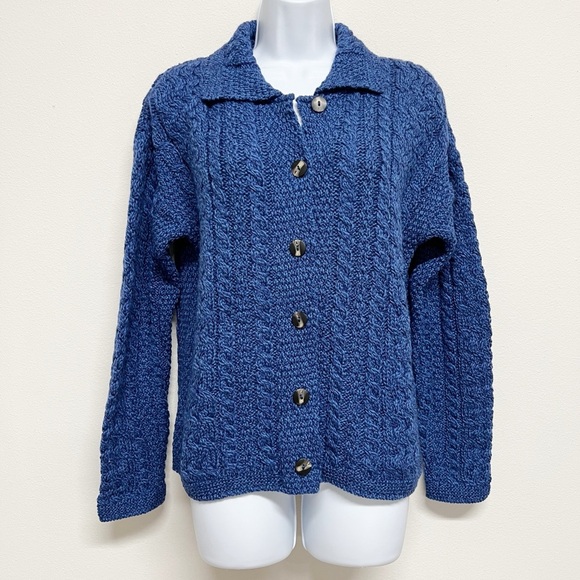 Aran Crafts Ireland Womens Blue 100% Merino Wool Chunky Knit Cardigan Size S - Picture 2 of 8